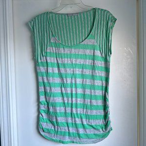 Olivia Moon Ruched Side Tee - Mint and Grey Stripes - Medium